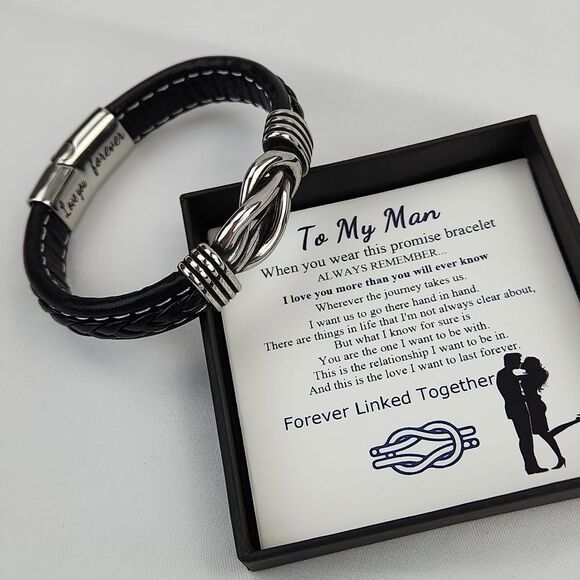 🔸️NIB Black "To My Man" Braided Leather Infinity Knot Cuff Bracelet 7.8" - Picture 5 of 11